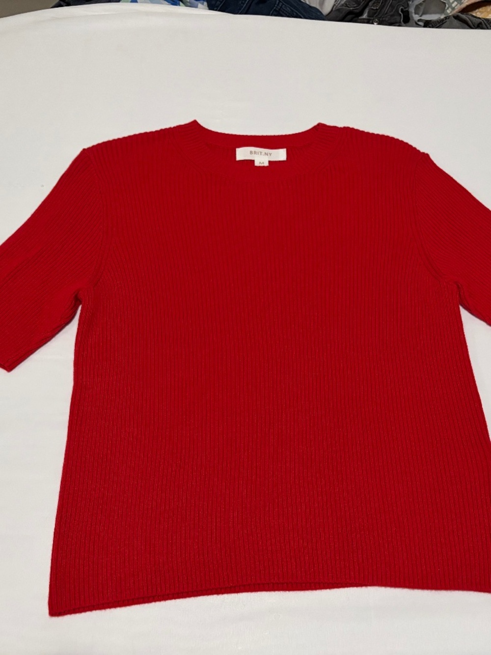 NWOT BRIT.NY Red Ribbed Short Sleeve Cashmere Blend Knit Top Size M
